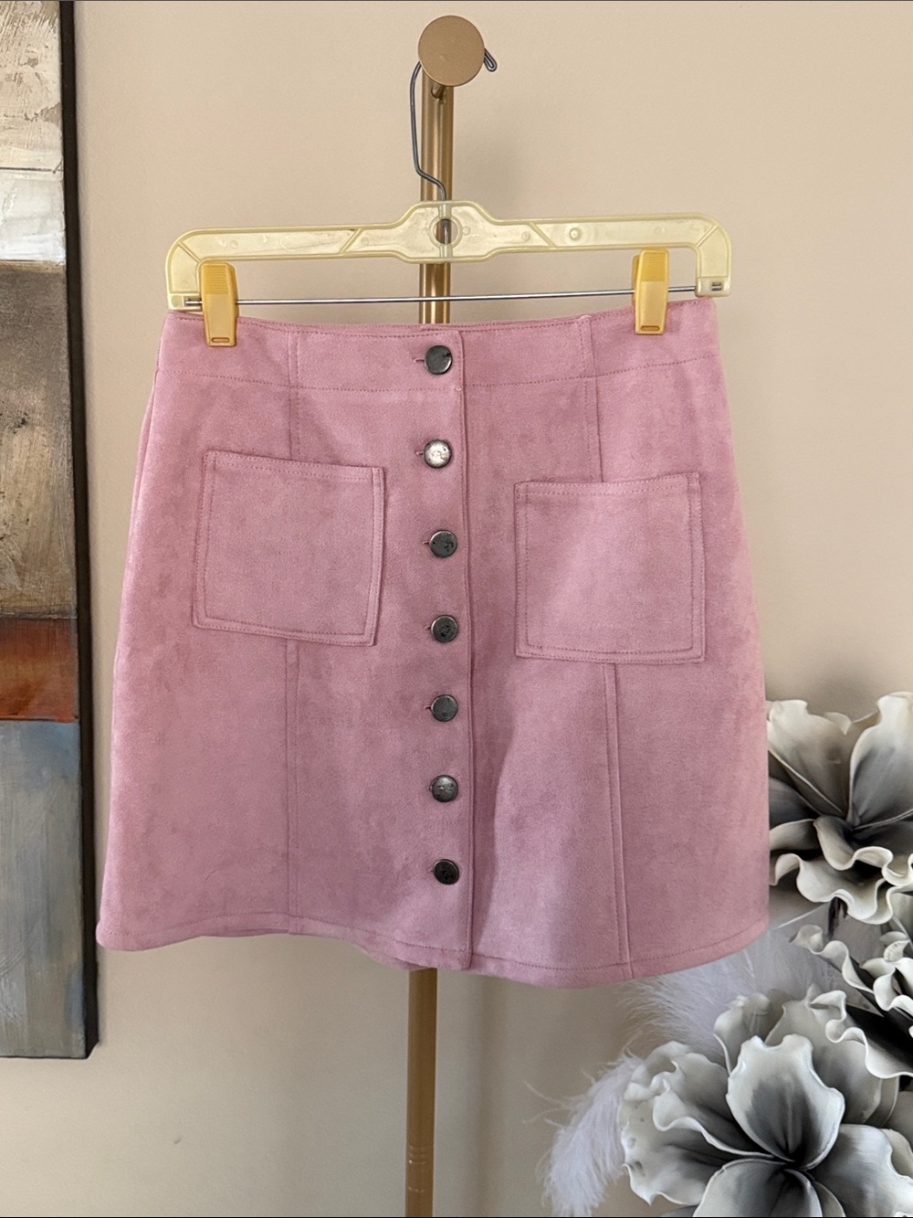 Button-Front Pink Mini Skirt with Patch Pockets